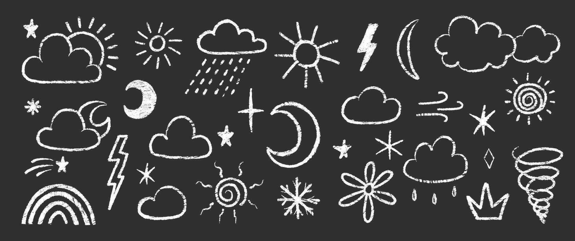Set of weather symbols with crayon, chalk and pastel texture. Doodle illustration of rain, storm, sun, star, lightning on a black background. vector