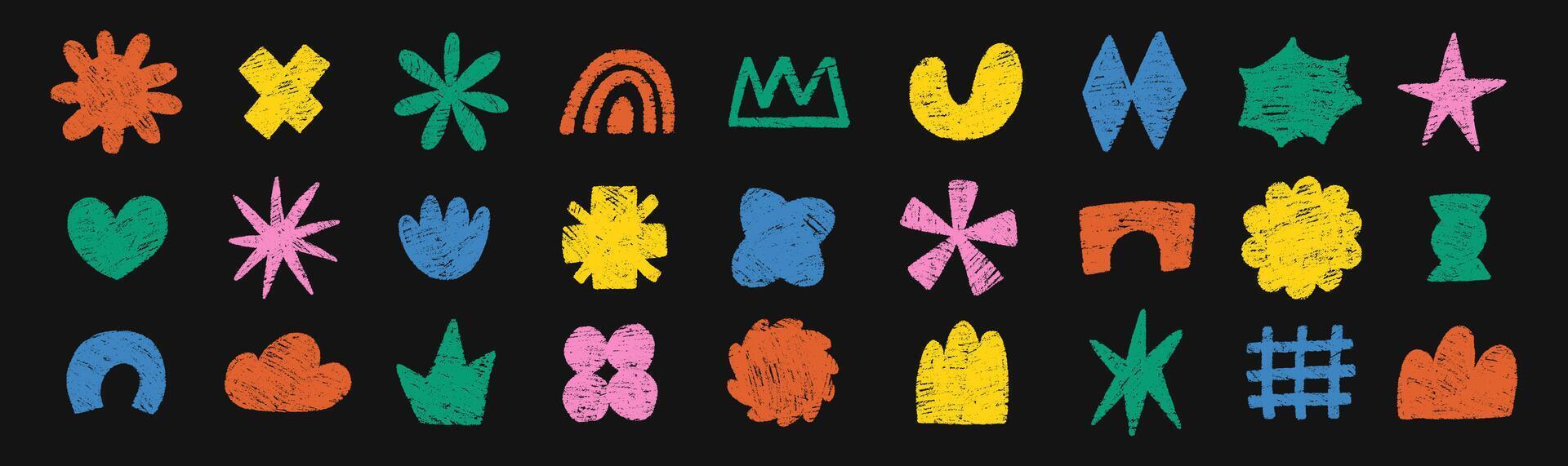 Set of hand drawn funky shapes of heart, flower, star, cloud with crayon or chalk texture. Multicolor Doodle design elements for school. Childish illustration on a black background. vector