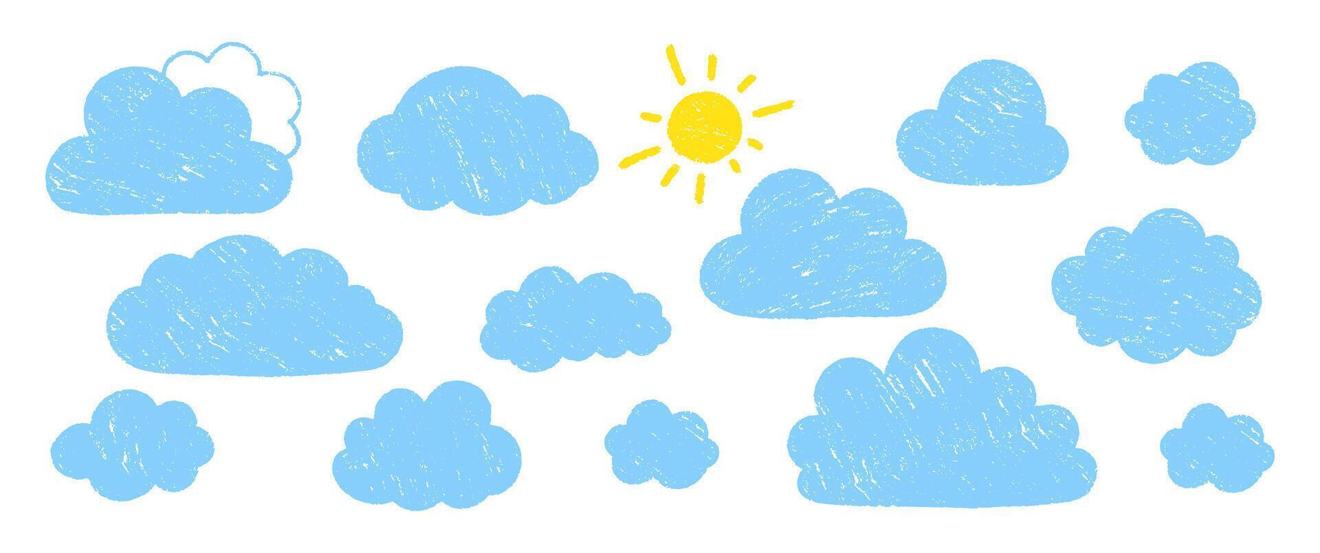 Set of cute crayon clouds and sun with chalk or pastel texture. Doodle illustration for kids. vector