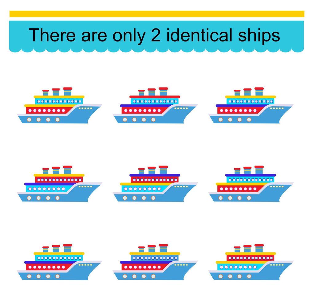 Logical game for kids. Need to find two identical ships. Visual intelligence vector