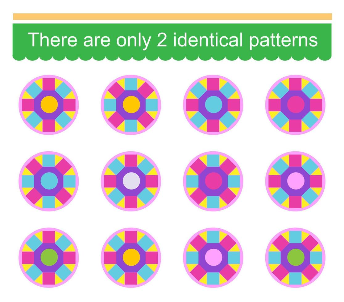 Fun puzzle game for kids. Need to find two identical patterns. Task for development of attention and logic. . vector