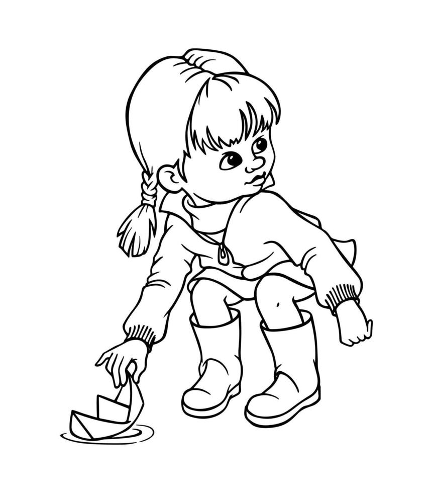 A little girl in rubber boots and a windbreaker squats down to pick up a paper boat from a puddle. Hand-drawn black and white outline illustration for children spring or autumn coloring book vector