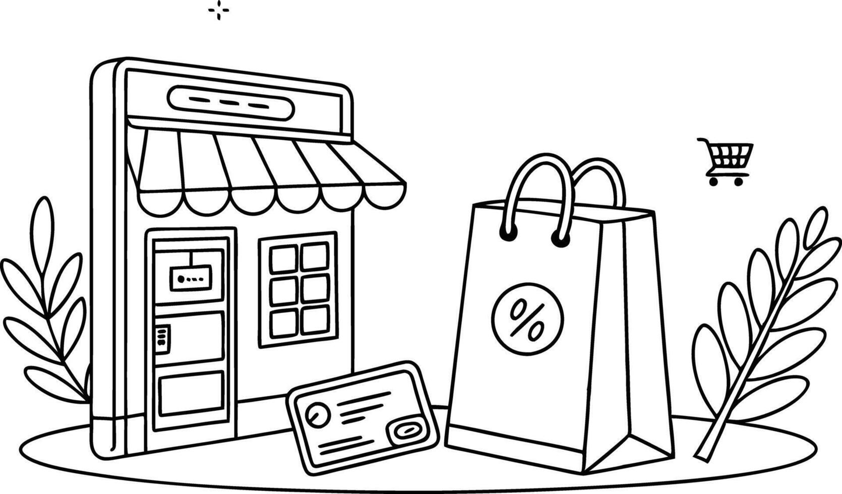 A fun and creative hand-drawn illustration of an e-commerce shopping experience vector
