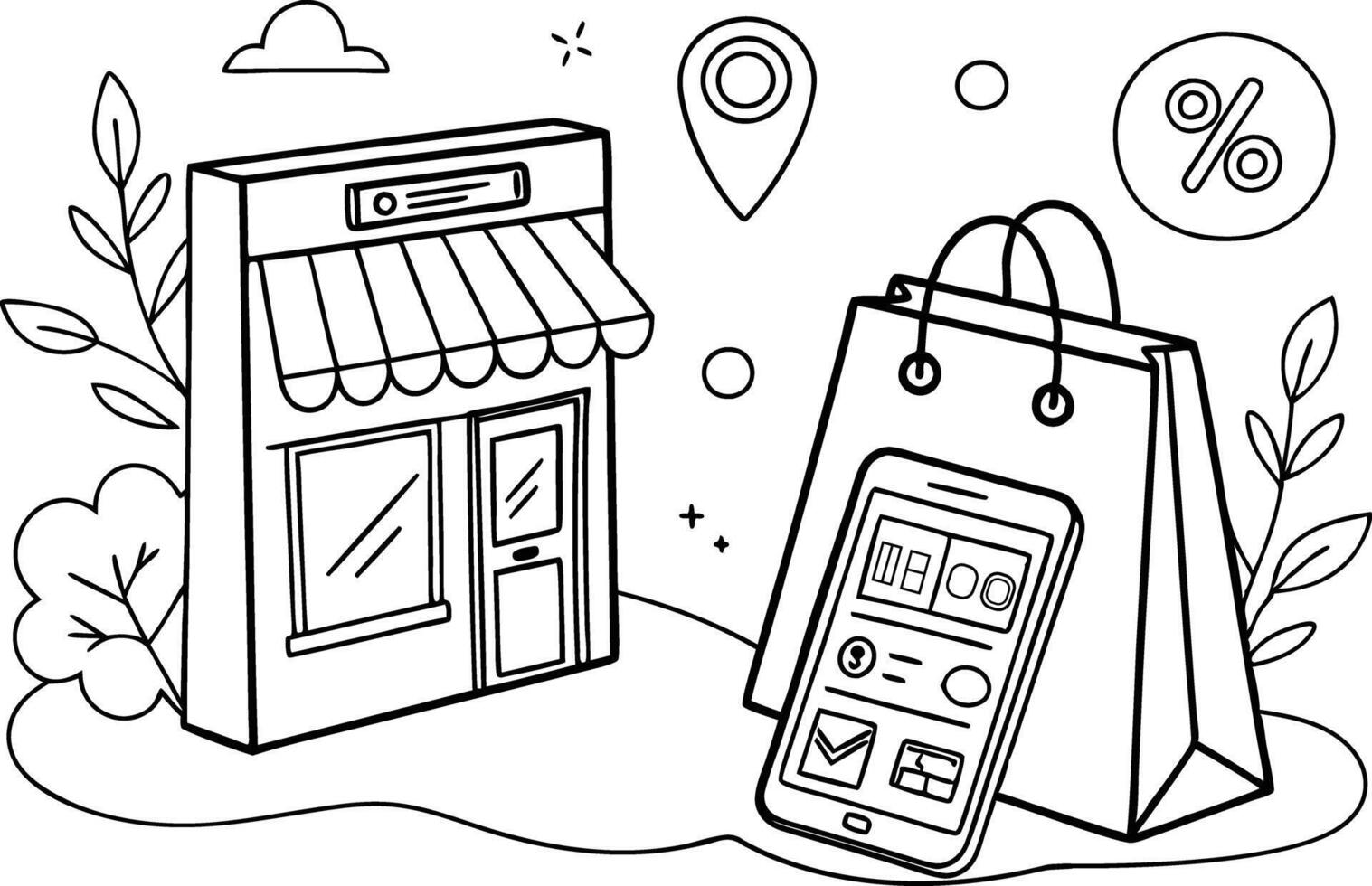 A fun and creative hand drawn illustration of an e-commerce shopping experience vector