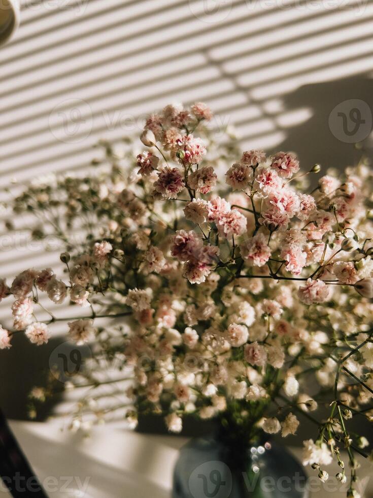 Gypsophila flowers in blue vase resting on table near window with blinds, casting captivating interplay of light and shadow, enhancing serene interior decor. Gypsophila spills from blue ceramic vase photo