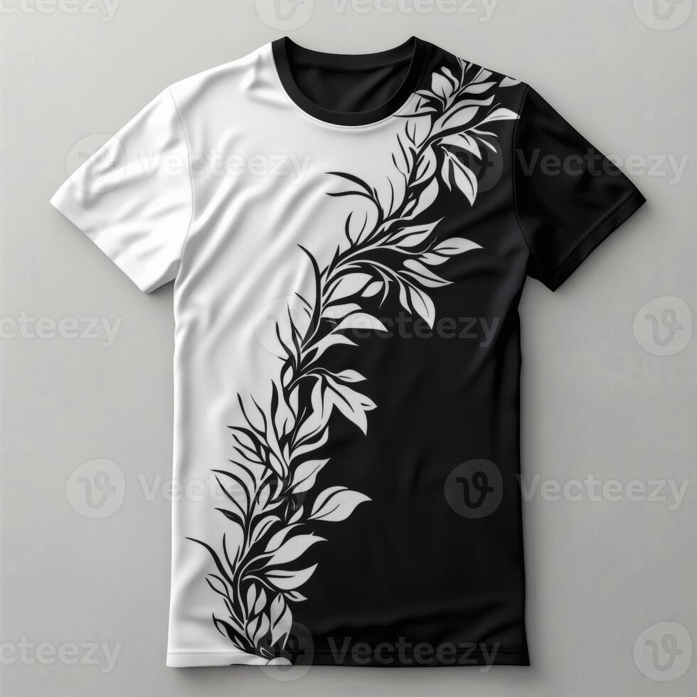 A black and white t - shirt with a black and white design photo