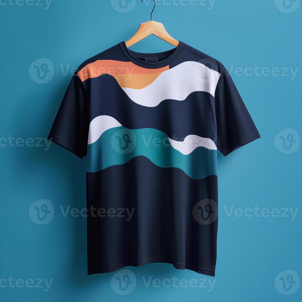 A t - shirt with waves on it hanging on a blue wall photo