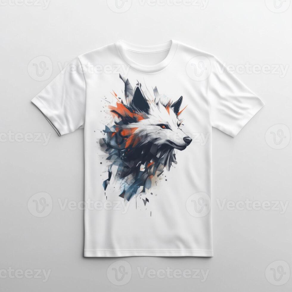 A white t - shirt with an image of a wolf head photo