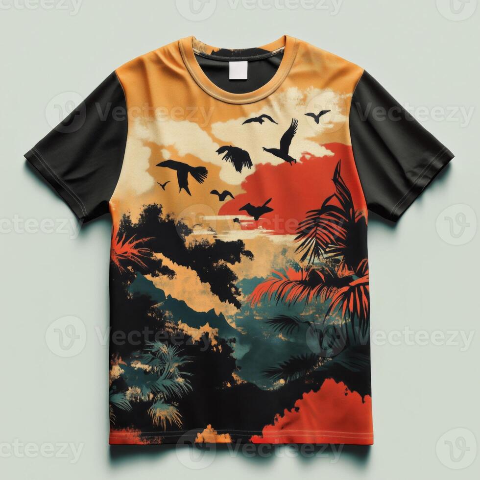 An orange and black t - shirt with birds flying over a tropical landscape photo