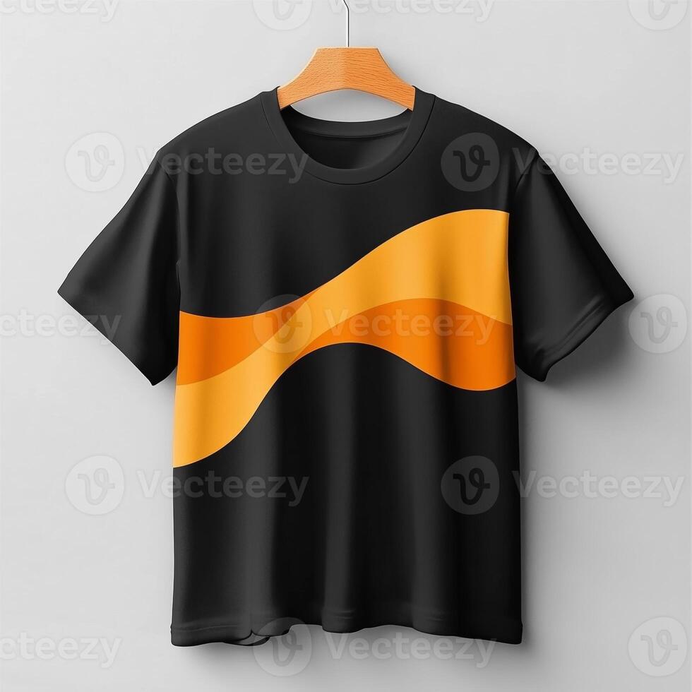 A black and orange t - shirt with a wave design photo
