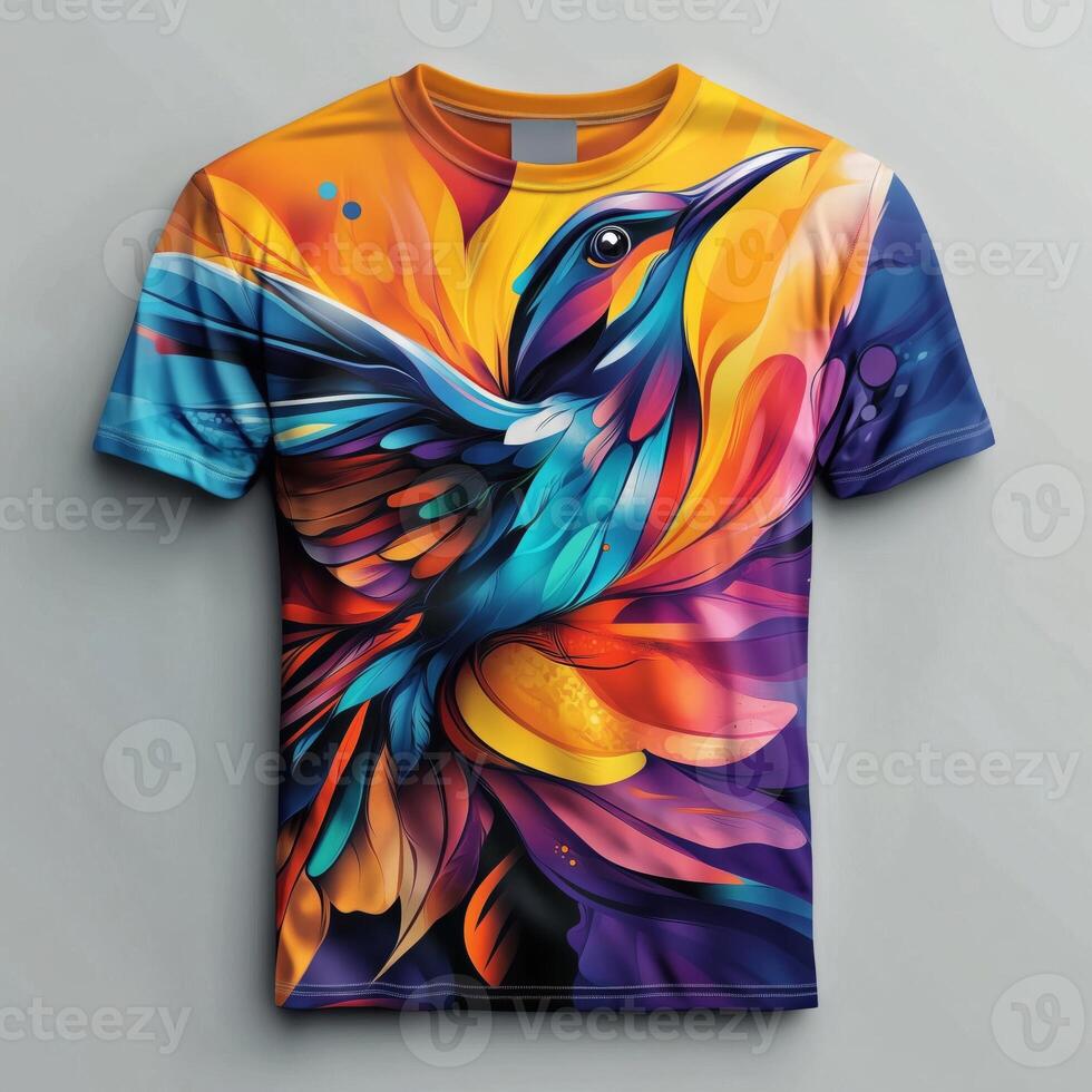 A colorful bird t - shirt with a colorful design photo