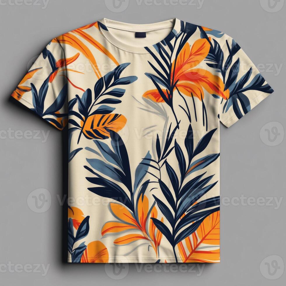 An orange and blue tropical print t - shirt photo