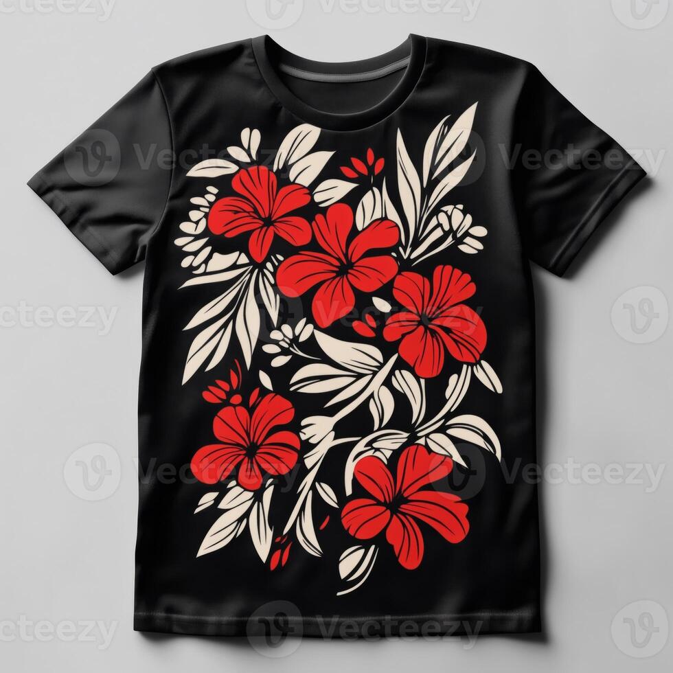 A black t - shirt with red flowers photo