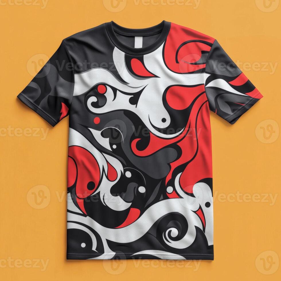A black and red t - shirt with swirls and red and white design photo