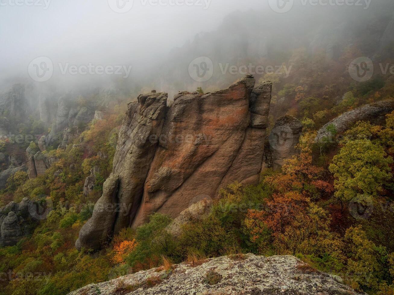 Rocks in the haze. Gloomy weather. photo