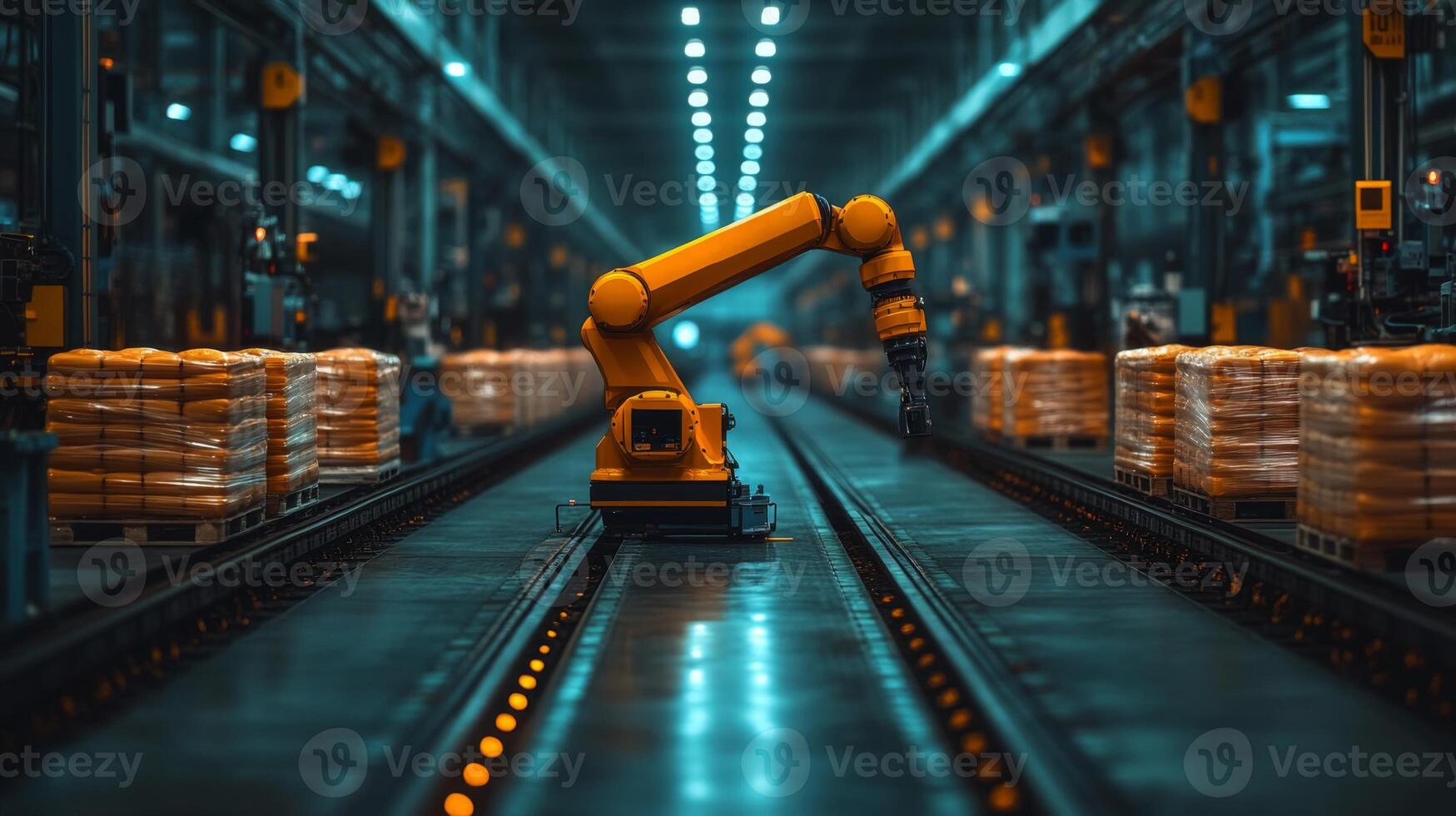 A robotic arm operates in a spacious warehouse, efficiently moving pallets of goods while maintaining an organized inventory system. Bright lights illuminate the facility. photo