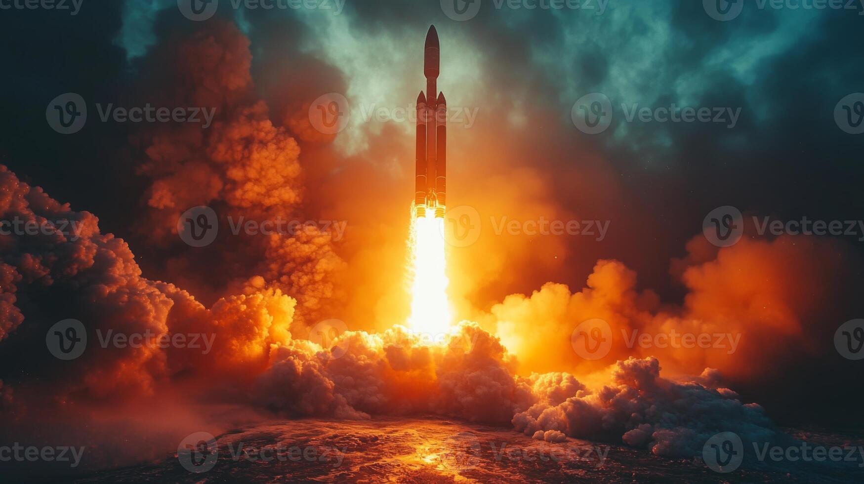 A rocket lifts off from the launch pad, surrounded by clouds of smoke and fiery exhaust, embarking on its journey into space to deliver a payload into orbit. photo
