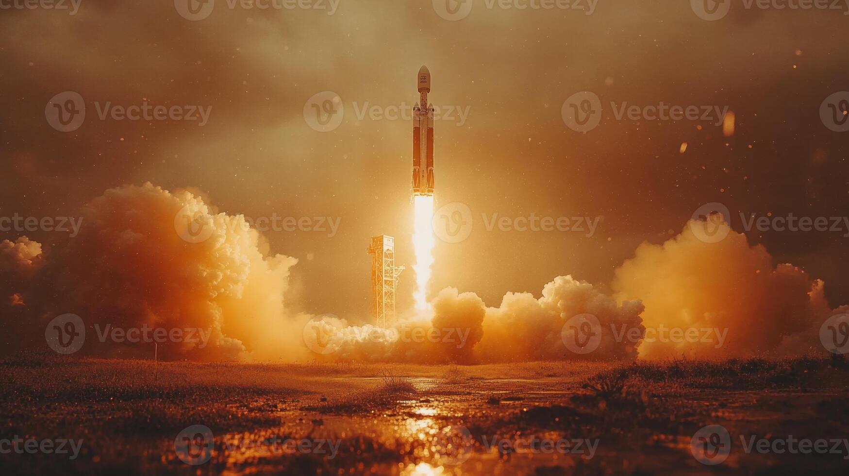 A rocket is launching into the sky, creating a massive plume of smoke and fire against a stunning sunset backdrop, highlighting cutting edge aerospace technology and recovery solutions. photo
