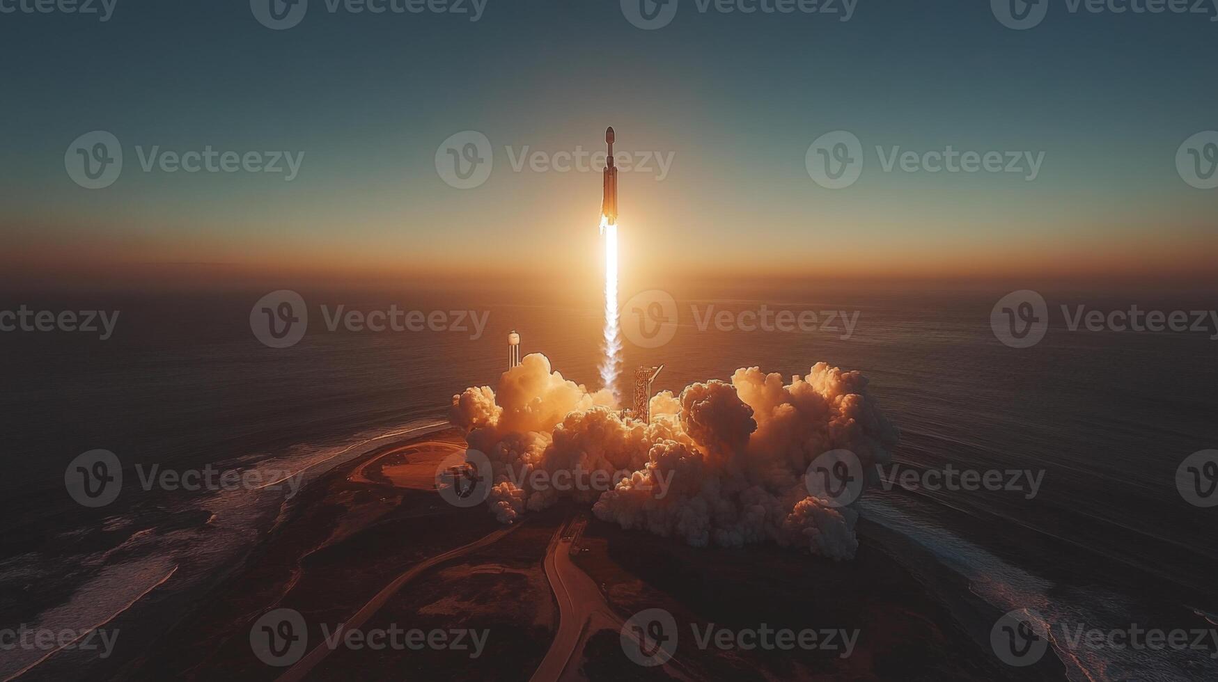 A rocket ascends into the early morning sky, emitting a bright plume of smoke and flames from its boosters. The launchpad is surrounded by water, signaling technological advancements in aerospace. photo