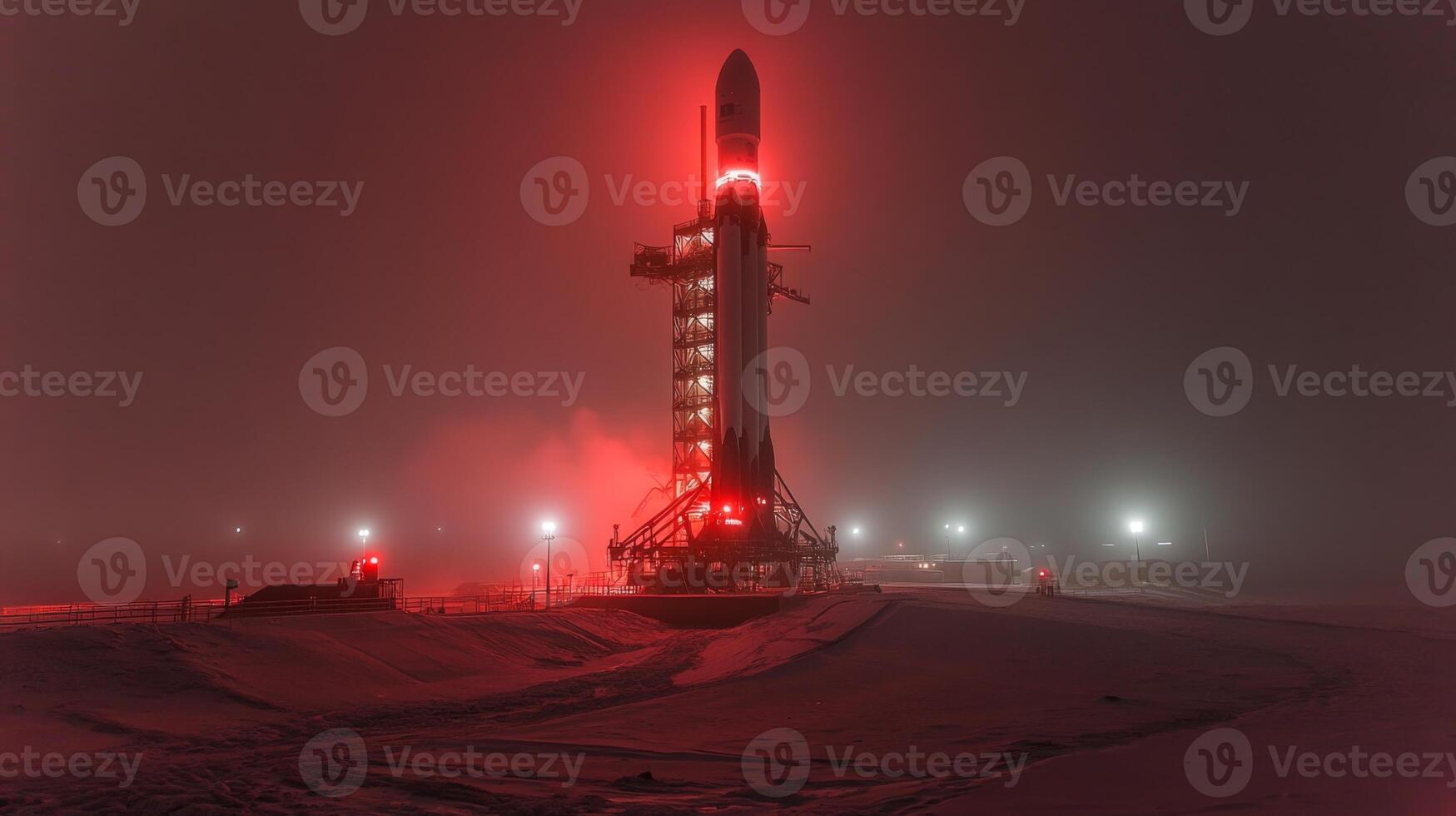 A rocket stands silently on the launch pad, illuminated by red lights amid a snowy landscape, as preparations for an upcoming space mission advance under chilly conditions. photo