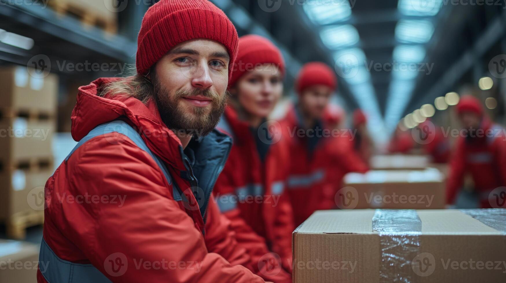 A group of warehouse workers wearing red uniforms and hats organize and handle boxes in a busy distribution center focused on efficient inventory management photo