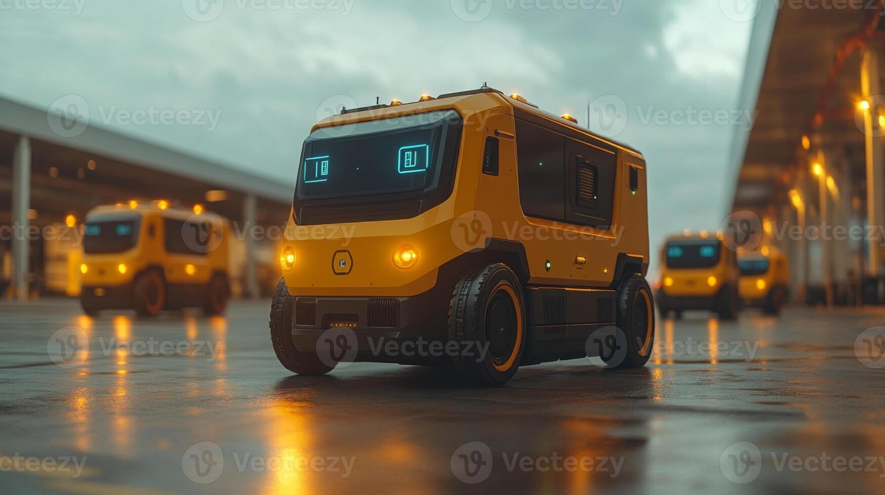 A fleet of yellow automated delivery vehicles is positioned inside a large logistics hub as twilight sets in, showcasing innovative technology in inventory sorting and fulfillment activities. photo