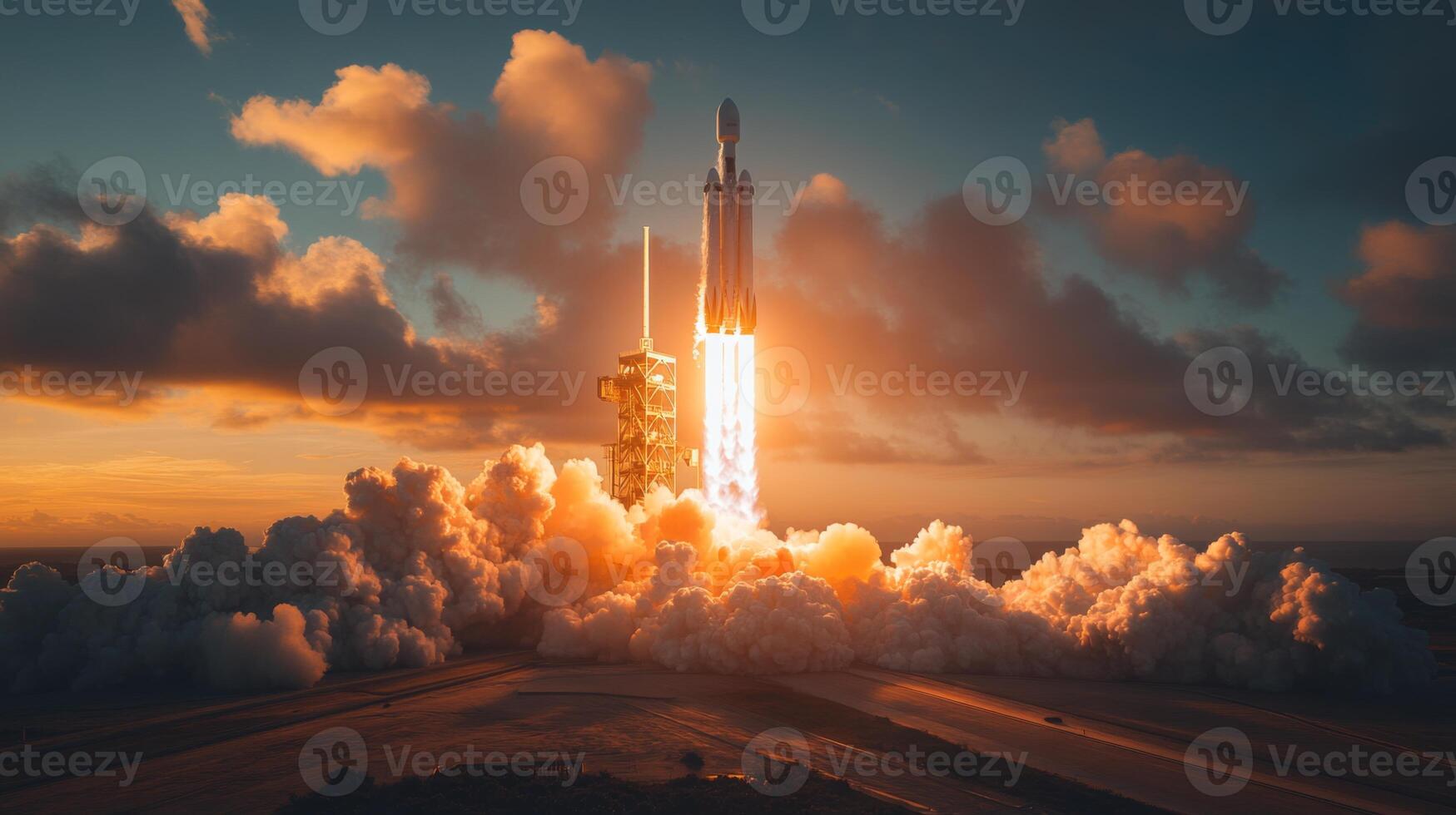 A powerful rocket takes off from a launch pad, igniting its engines against a beautiful sunset backdrop, sending plumes of smoke and fire into the sky, marking a significant moment in spaceflight. photo