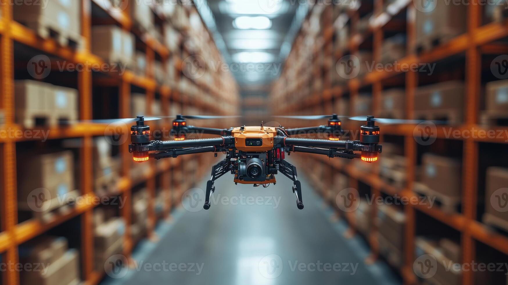 A drone navigates through a spacious warehouse filled with shelves of neatly stacked boxes, facilitating inventory management and optimizing logistics processes. photo