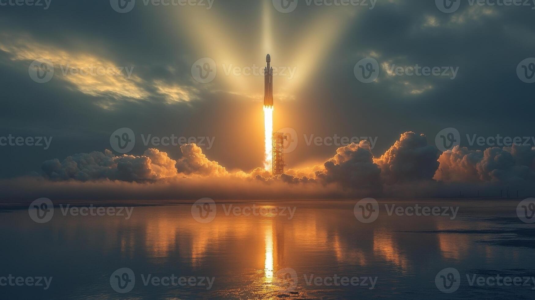The rocket ascends into the sky, fueled by powerful engines, while smoke billows around its base. The dawn sky illuminates the event, showcasing space exploration technology. photo