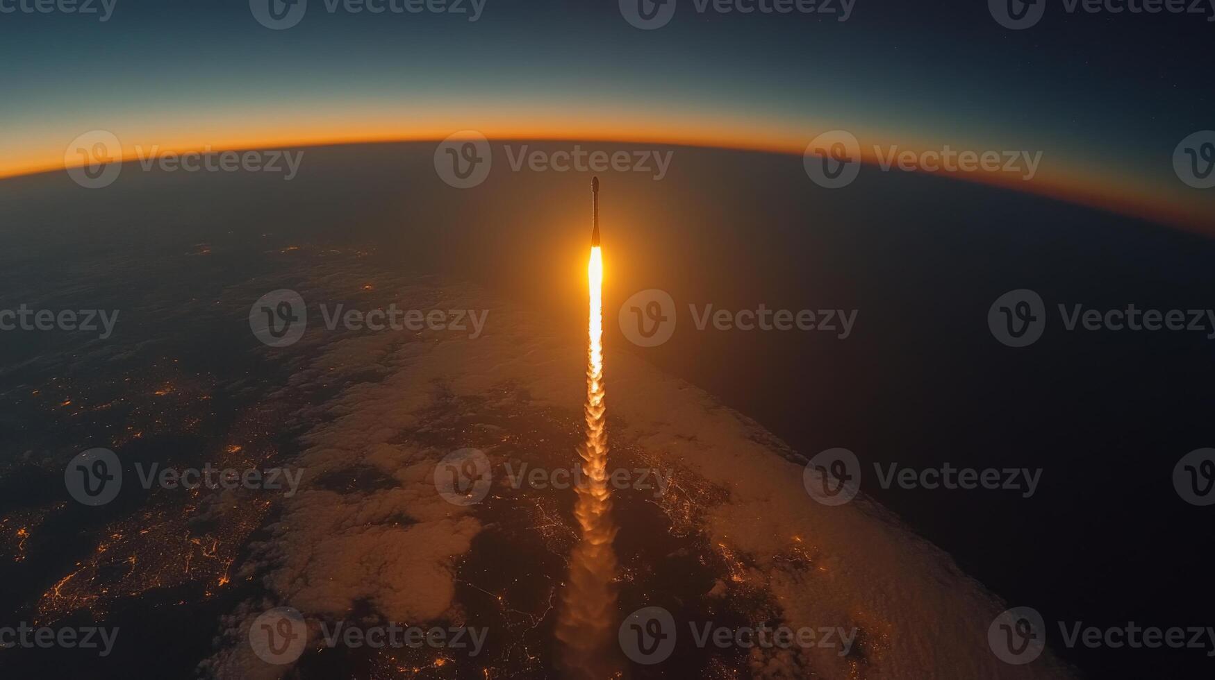 Powerful rocket engines illuminate the night sky as the vehicle ascends above the Earth's surface, leaving a trail of flames and smoke behind. The launch takes place against a backdrop of dark clouds. photo