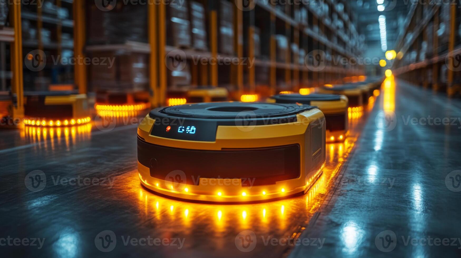Robots equipped with lights are navigating through a large warehouse filled with storage racks. photo