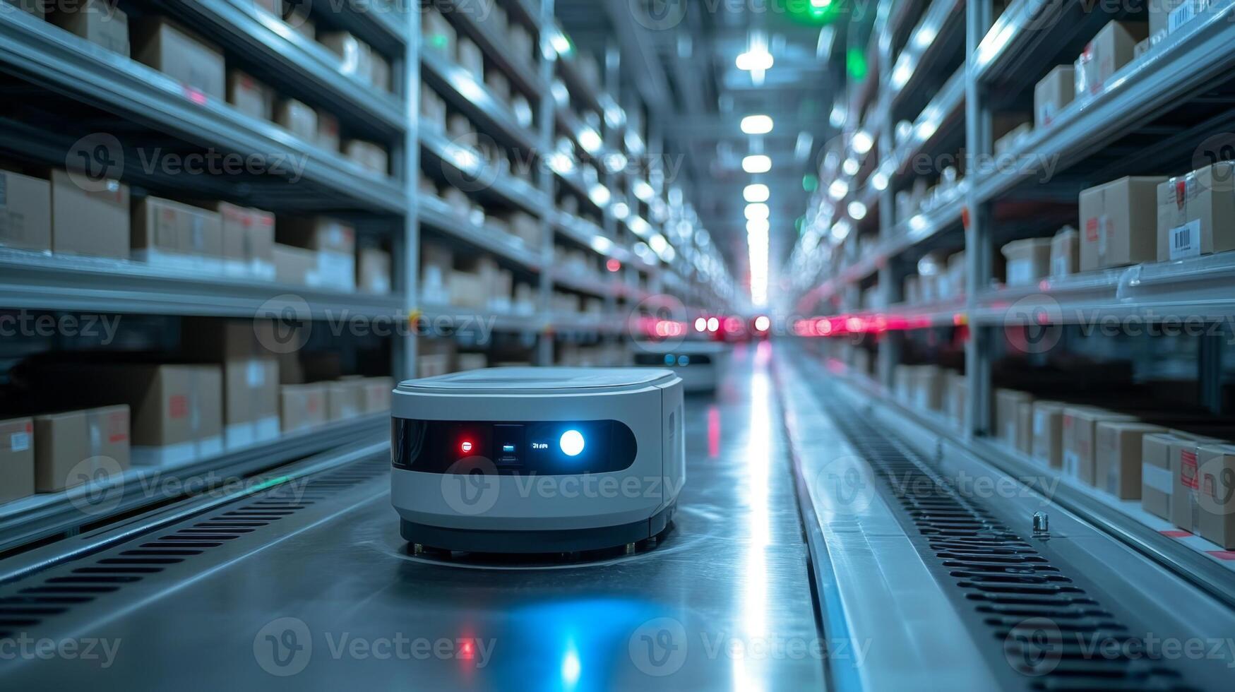 A robot is actively moving along a well organized aisle in a warehouse, surrounded by neatly arranged boxes on shelves, highlighting advanced logistics and inventory management practices. photo