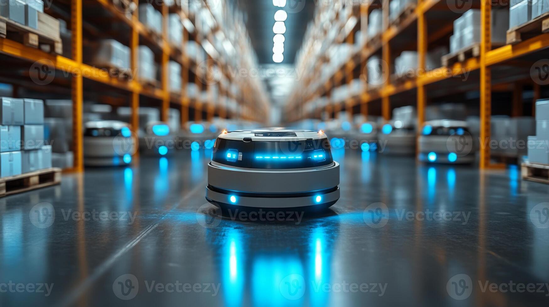 Robots operate in a busy warehouse, moving between rows of shelves filled with packages. They streamline sorting and fulfillment processes during peak hours. photo
