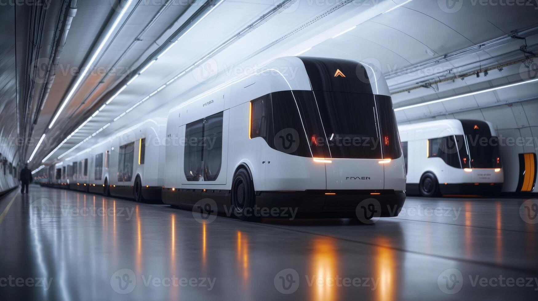 Futuristic transport vehicles are organized in a high tech warehouse, showcasing advanced design for efficient logistics and streamlined distribution operations. photo