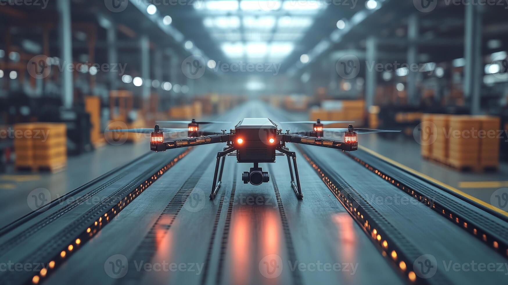 A drone is positioned on a track inside a spacious warehouse designed for logistics and distribution. photo