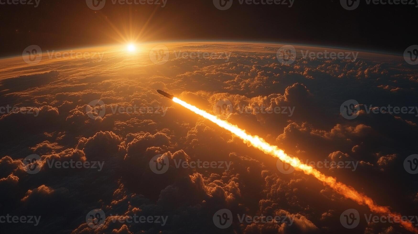 A rocket ascends into the sky at dawn, creating a bright trail as it powers through the atmosphere, illustrating advanced propulsion techniques and the beauty of space travel. photo