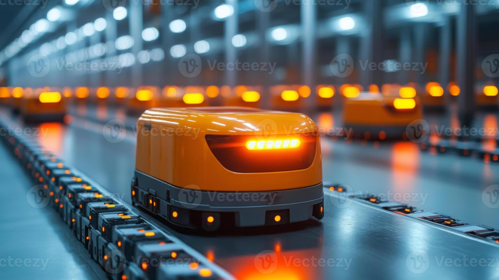 Innovative robotic vehicles navigate a state of the art warehouse, facilitating the sorting and distribution of inventory while enhancing operational efficiency. photo