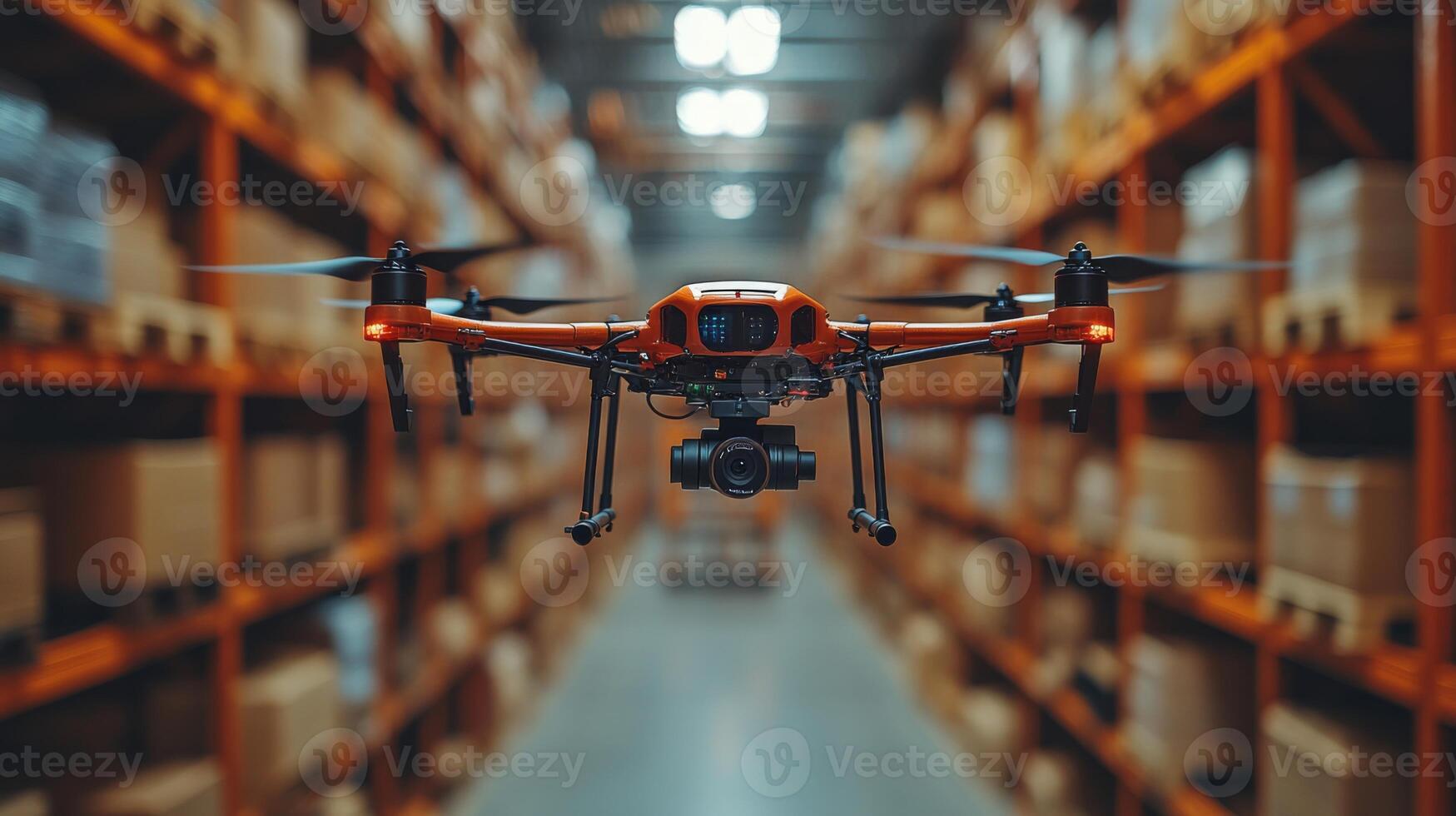 A drone navigates through the aisles of a spacious warehouse, assisting in the monitoring of inventory and managing cargo loads while enhancing logistics operations throughout the day. photo