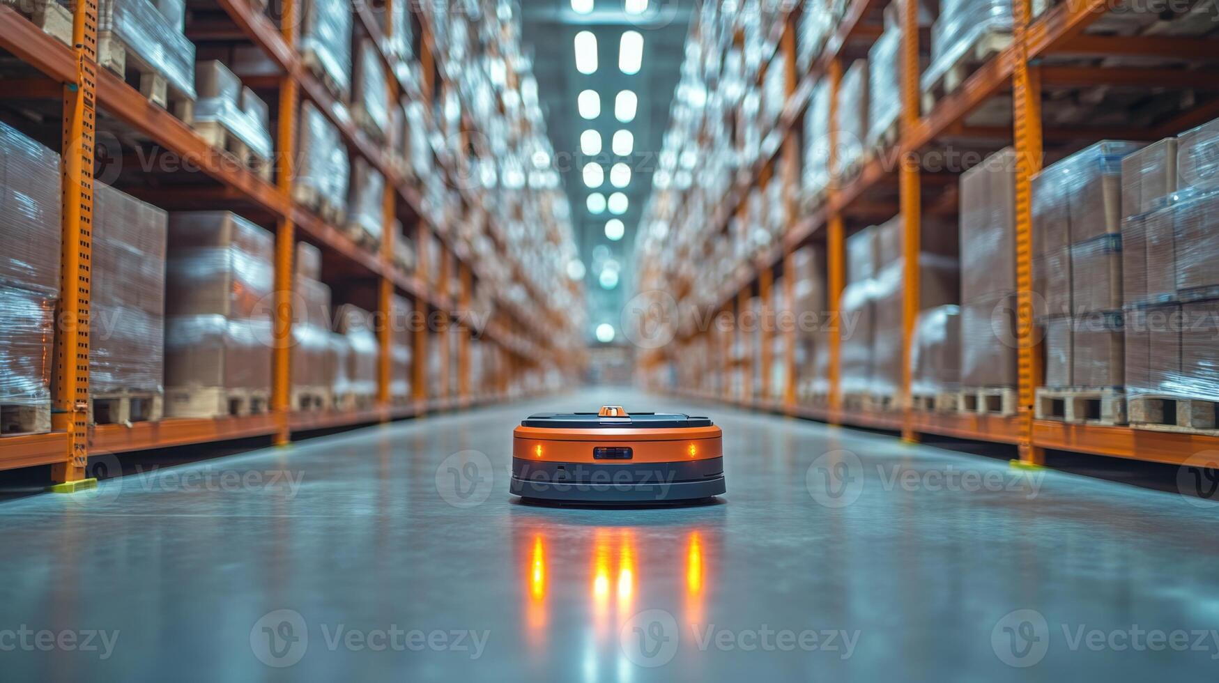 A robotic device with glowing lights moves down an aisle in a large warehouse. Rows of shelves packed with boxes showcase an advanced fulfillment and inventory system. photo