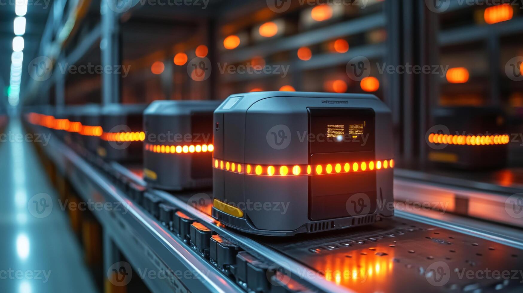 Automated systems are efficiently sorting and organizing inventory within a spacious warehouse. Bright lights indicate active processing during a busy period of operations. photo
