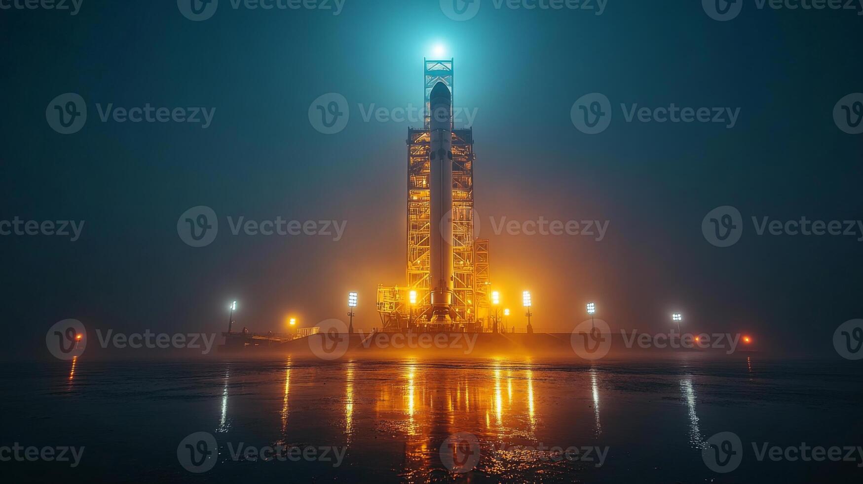 A rocket stands ready on its launchpad as fog envelops the area at dawn, highlighting the intricate technology used for propulsion and recovery in spaceflight initiatives. photo