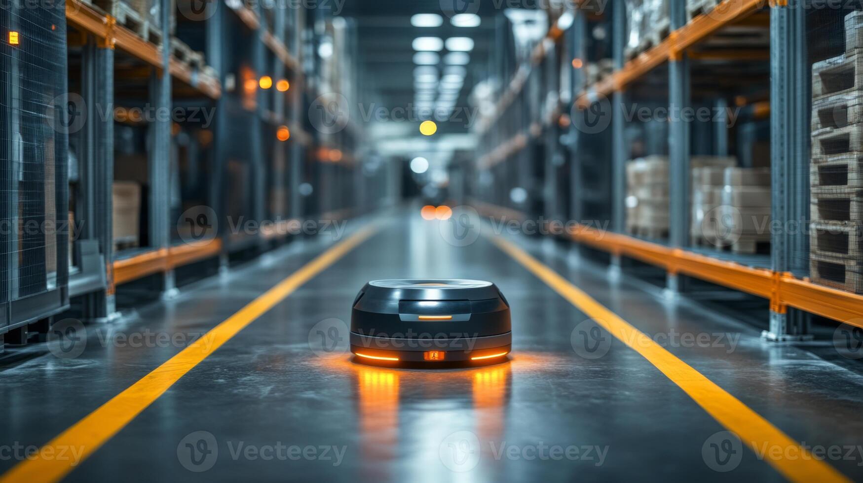 A compact robotic device navigates through a well organized warehouse filled with shelves of inventory. The bright lights illuminate the aisles as the technology streamlines operations. photo