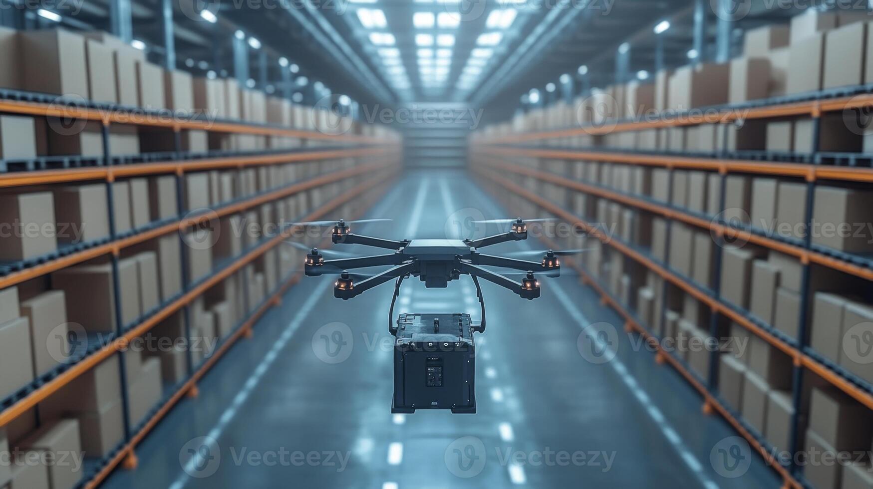 A drone equipped with a cargo container navigates through a spacious warehouse filled with organized shelves of boxes, facilitating inventory sorting and fulfillment processes. photo
