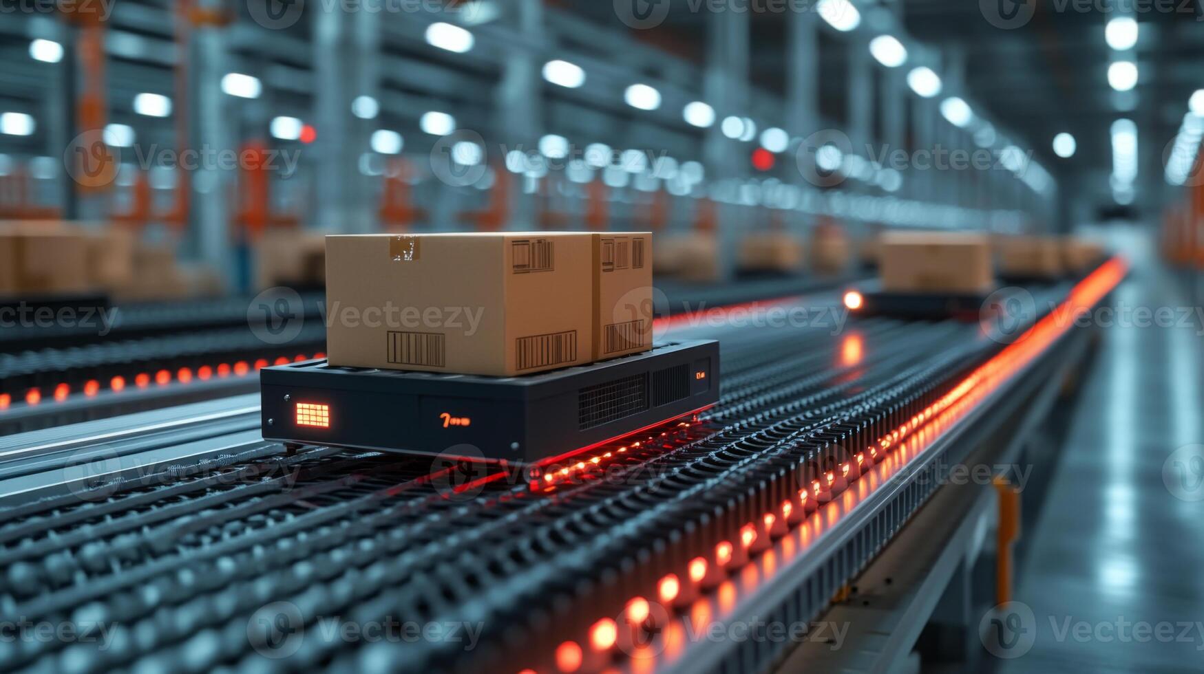 An automated system transports cardboard boxes on conveyor belts equipped with LED lights in a spacious warehouse dedicated to logistics, inventory management, and distribution. photo