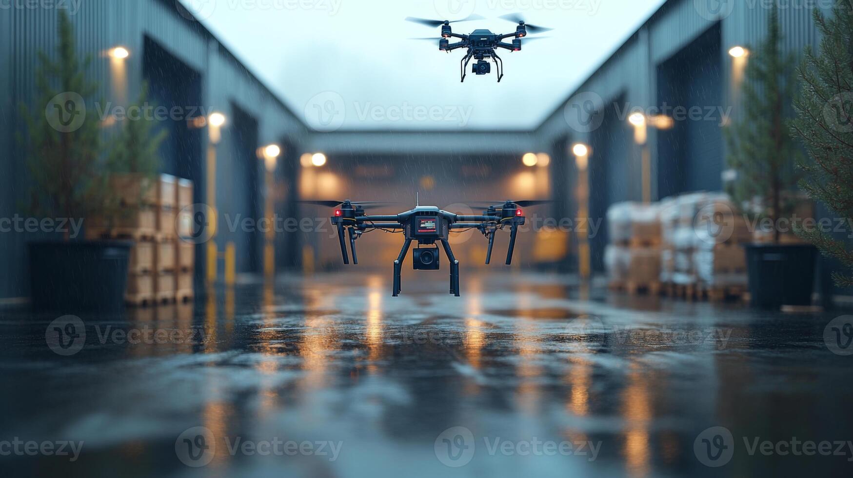 Two drones operate in a warehouse, optimizing logistics and managing inventory. They navigate carefully between stacks of cargo in a modern distribution facility. photo