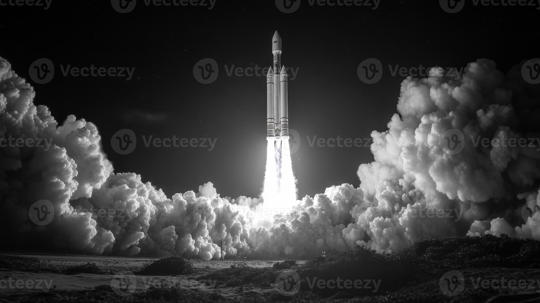 A massive rocket lifts off from its launchpad, illuminating the night sky with a brilliant burst of fire and smoke as it embarks on a significant space mission to deliver its payload into orbit. photo