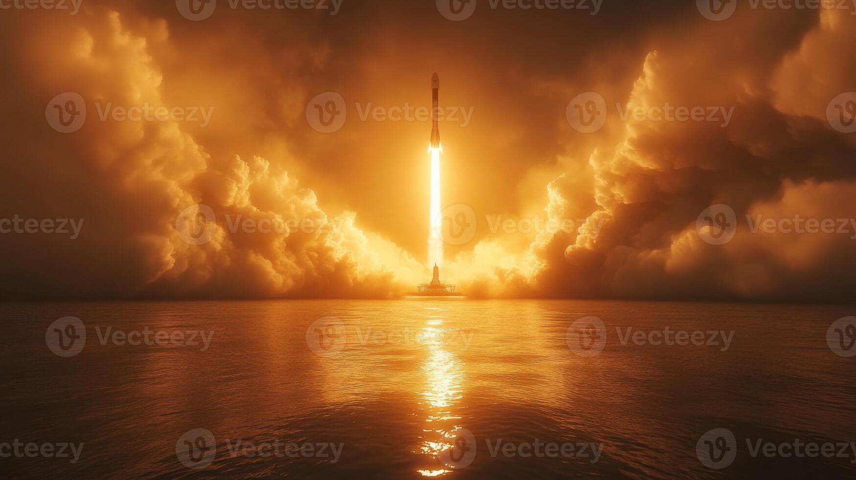Vivid flames erupt from a rocket as it ascends into the atmosphere, surrounded by dense clouds and reflecting on the ocean's surface at night. photo