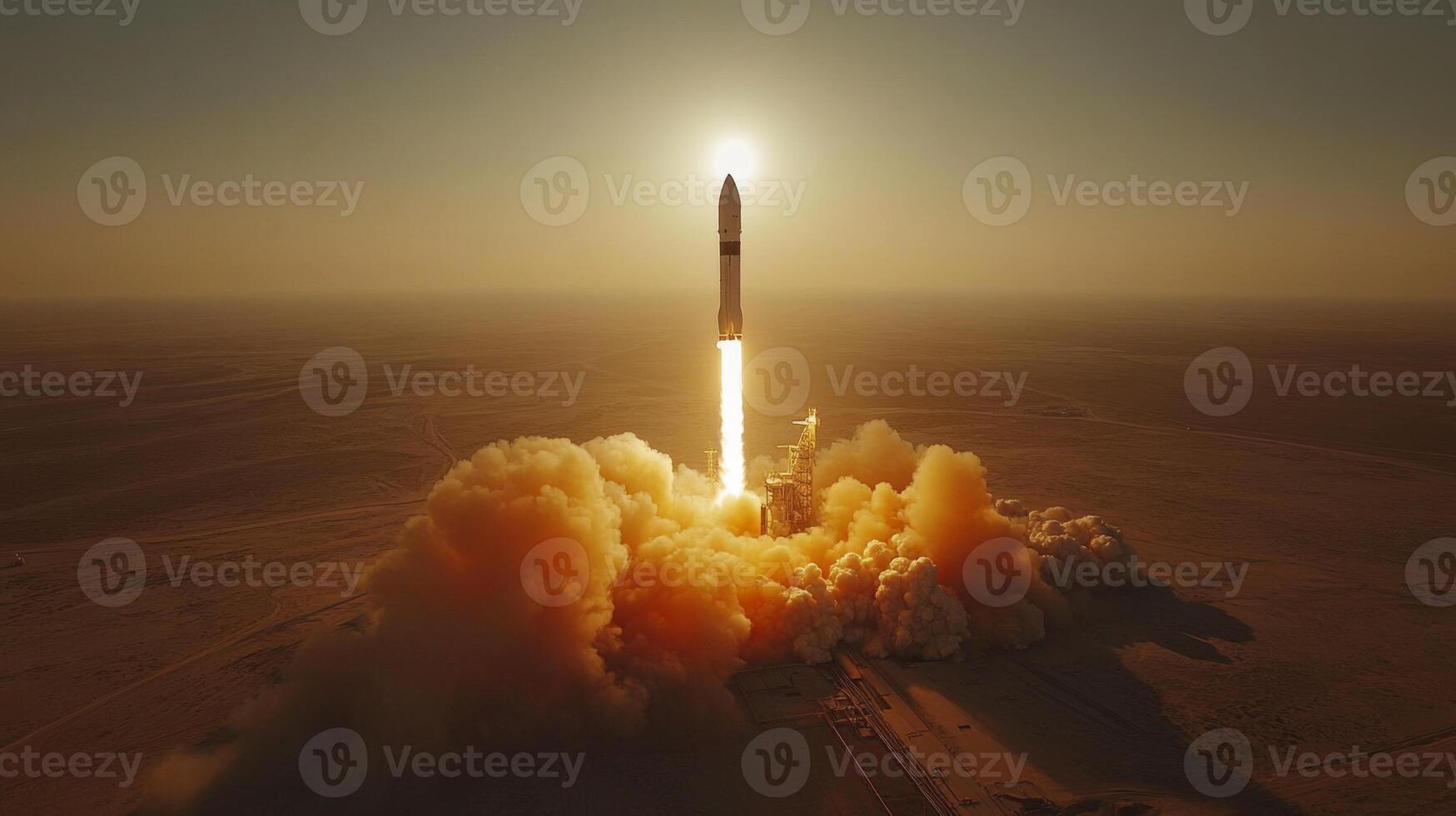 Rocket launches at dusk, creating a powerful thrust as it ascends amidst clouds of smoke. The sunlight illuminates the scene, showcasing propulsion technology and excitement of space exploration. photo