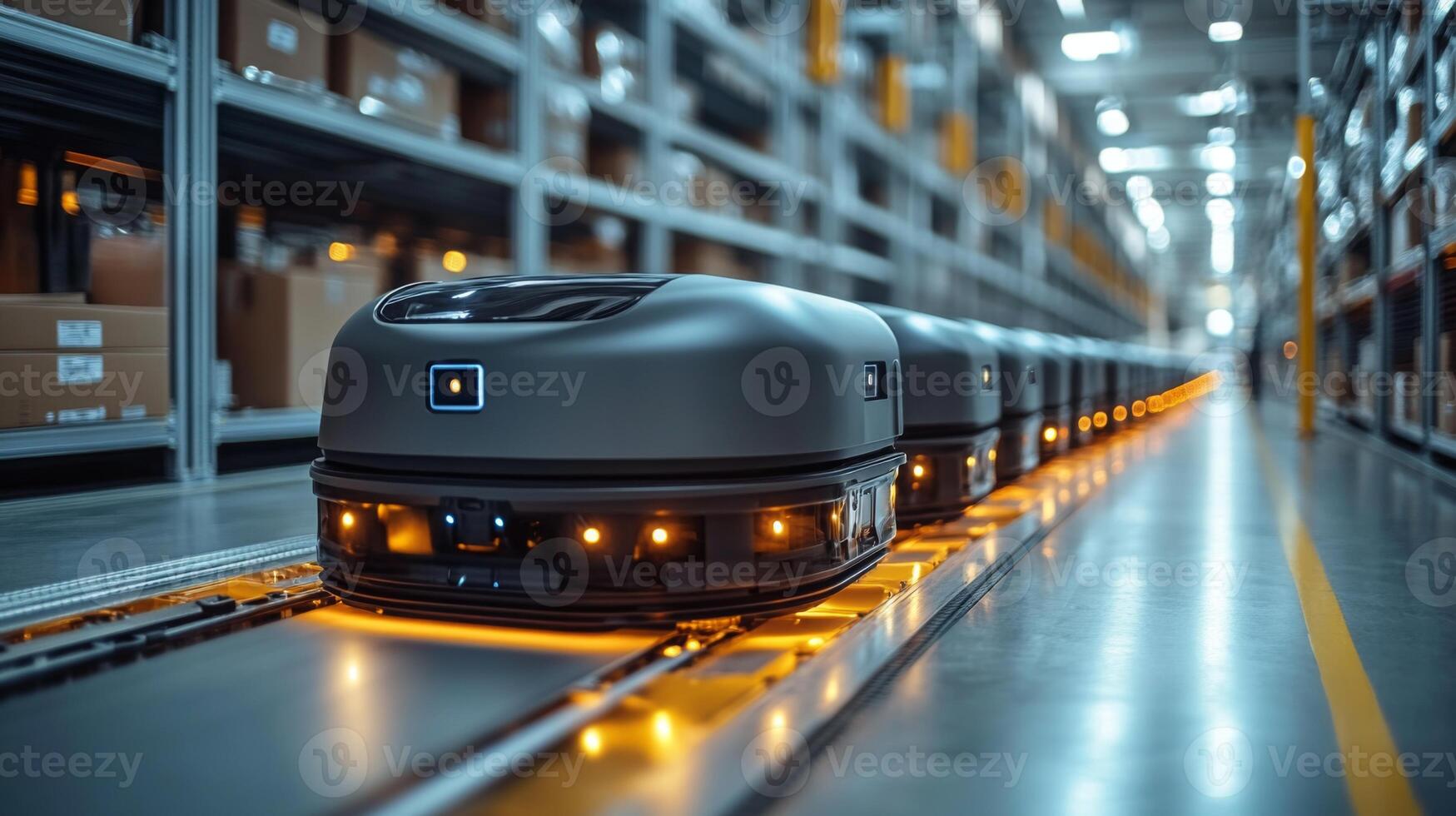 Automated robots efficiently transport goods along a well organized conveyor system in a spacious warehouse dedicated to logistics and fulfillment operations, enhancing productivity. photo