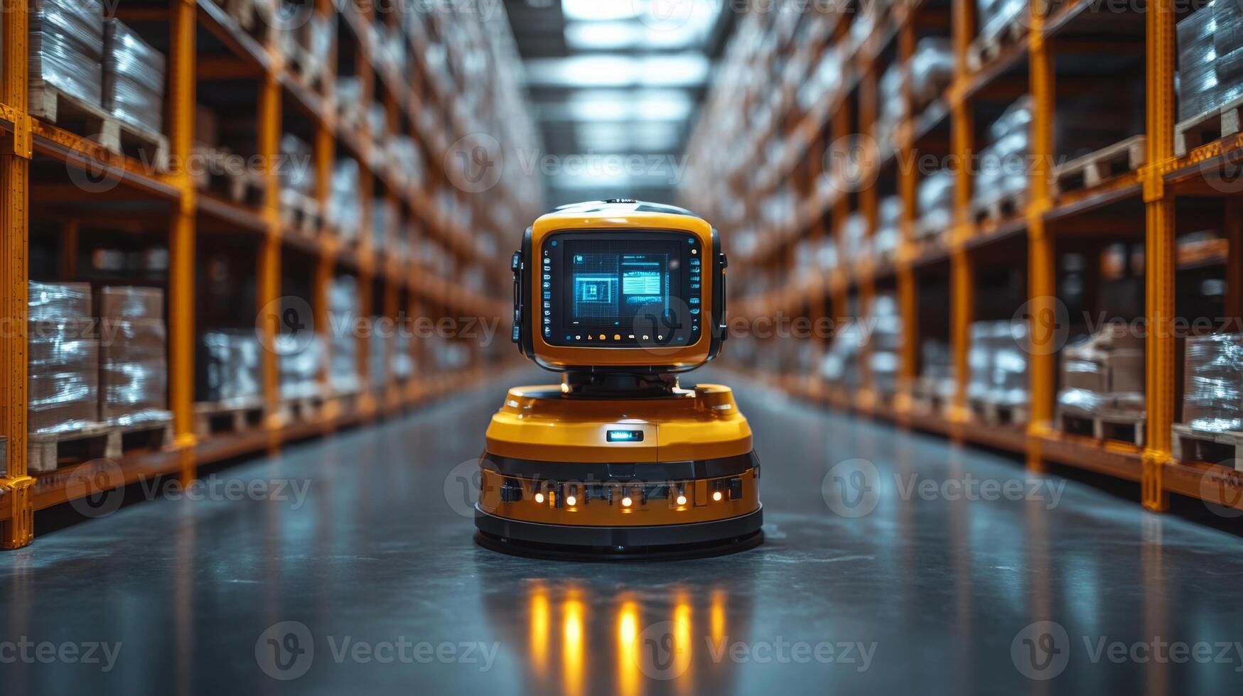 Autonomous robots navigate through a spacious warehouse filled with neatly organized pallets, efficiently managing the movement of freight and inventory in a modern logistics environment. photo